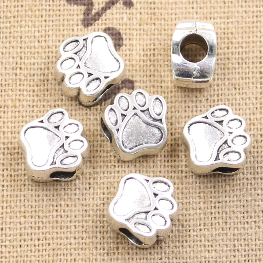 10pcs 11x7x11mm Dog Bear Paw 5mm Big Hole Antique Silver Color Beads Charms Fits Diy Charms Bracelet Jewelry Beads