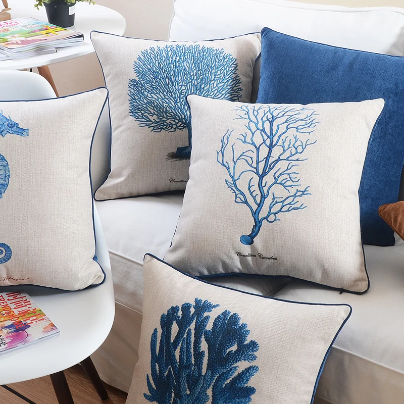 Wholesales Soft Velvet /Cotton Linen Cushion Cover Mediterranean style Marine Coral Sea horse Home Decorative PillowCase 45x45cm