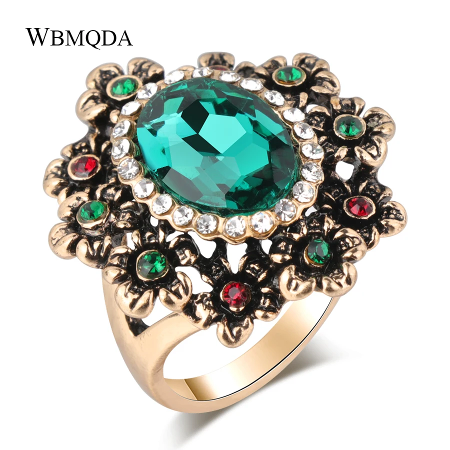 Wbmqda Luxury Green Crystal Flower Rings For Women Antique Gold Color Vintage Wedding Ring Boho Jewelry Wholesale