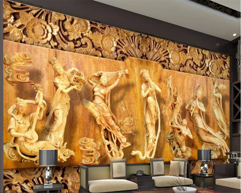 Custom 3D wallpaper  wood carving seven fairies Female modern hotel design backdrop 3D wallpaper  papier peint beibehang