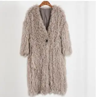 Natural fur knitted Mongolian sheep fur coat jacket overcoat women\'s winter warm fur coat with pocket 95cm extra longer size