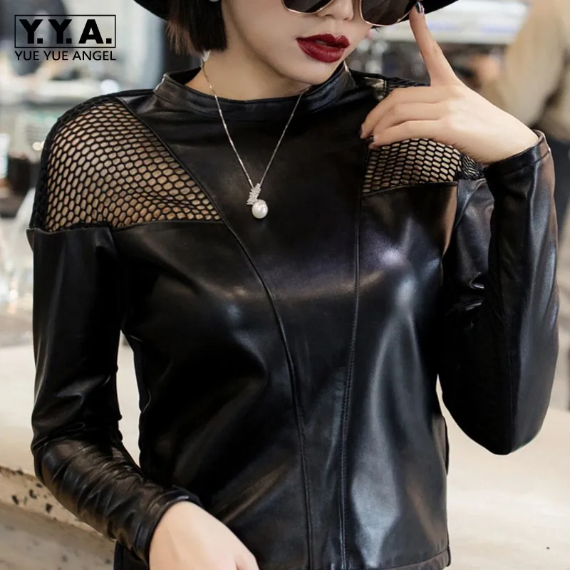 

New Female Hollow Out Genuine Sheep Leather Spliced Women Solid Black Long Sleeve O Neck Collar Blouse Sheepskin Streetwear