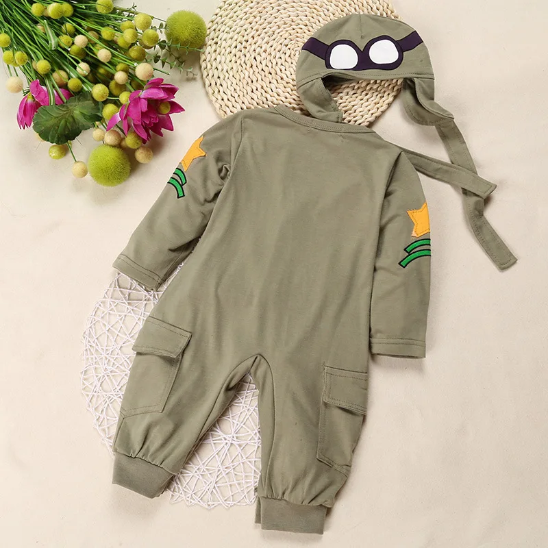 Army Green Baby Rompers Pilot Airman Costumes Baby Boy Clothes Hat Space Jumpsuit + Cap Fly Aviator\'s Helmet Without Foot Cotton