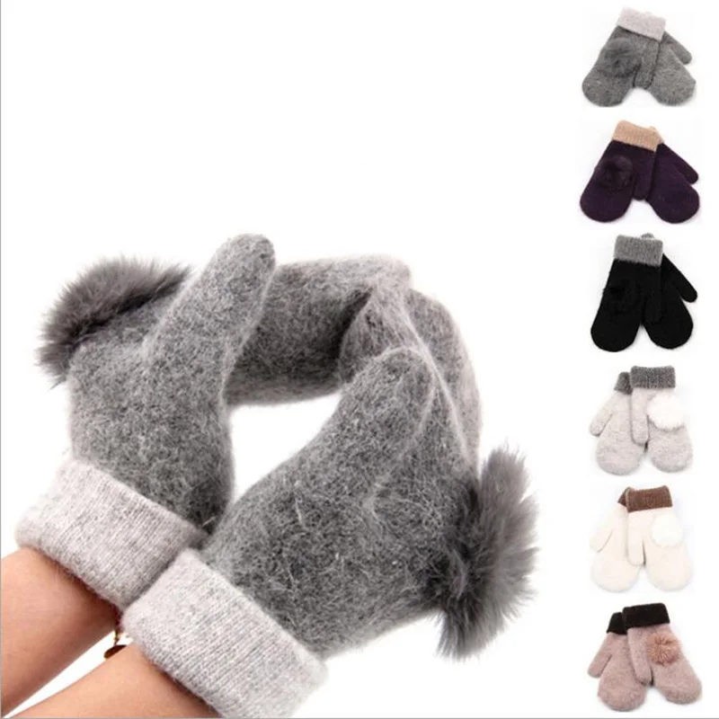 Lovely Female Winter Warm Knitted Wool Thicker Cashmere Velvet Mittens Ladies Cute Rabbit Hair Ball Fingerless Women Gloves G103