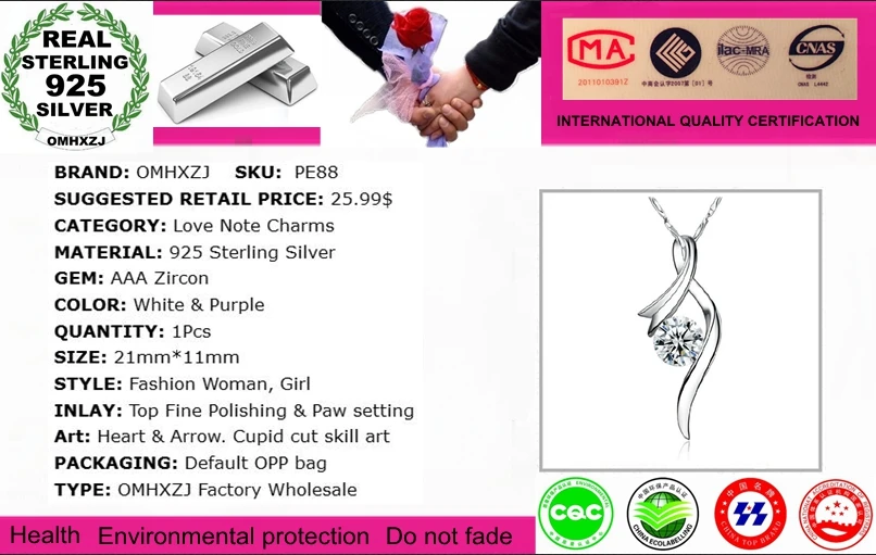 OMHXZJ Wholesale Fashion Love Note OL Woman Girl Gift White Purple 925 Sterling Silver Pendant Charms PE88 ( NO Chain Necklace )