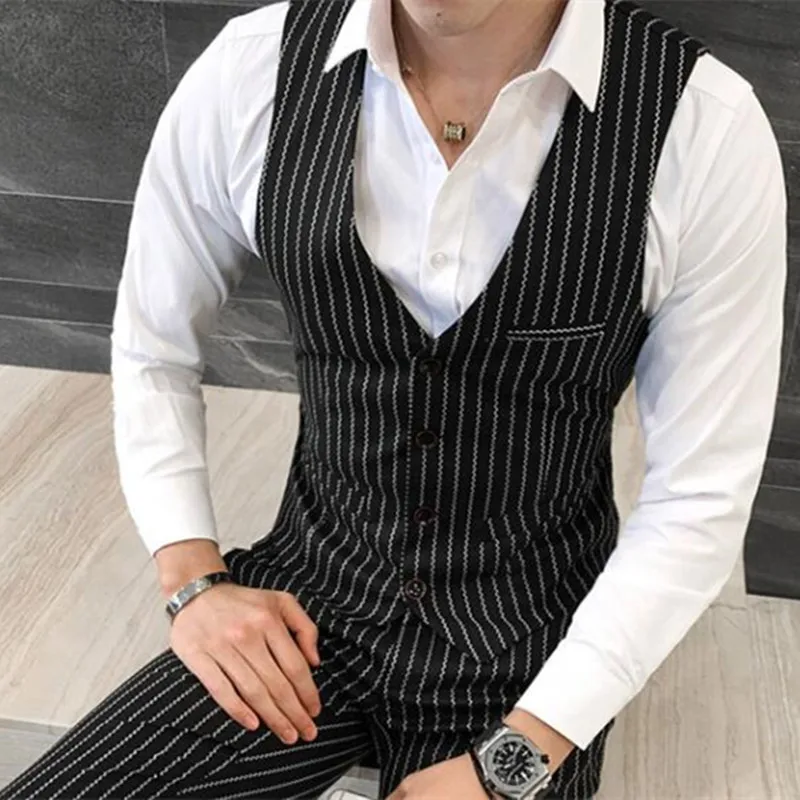 Traje de 3 piezas (chaqueta + chaleco + pantalones) para hombre, traje cruzado a rayas a la moda para novio, esmoquin de boda para hombre, traje de negocios informal