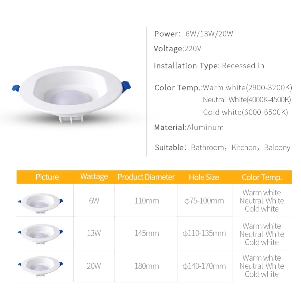 LED Downlight Bulb 6W 13W 20W Recessed Lamp Spot Light Round Bathroom Kitchen Garden Outdoor Swim Pool IP65 Waterproof AC 220V