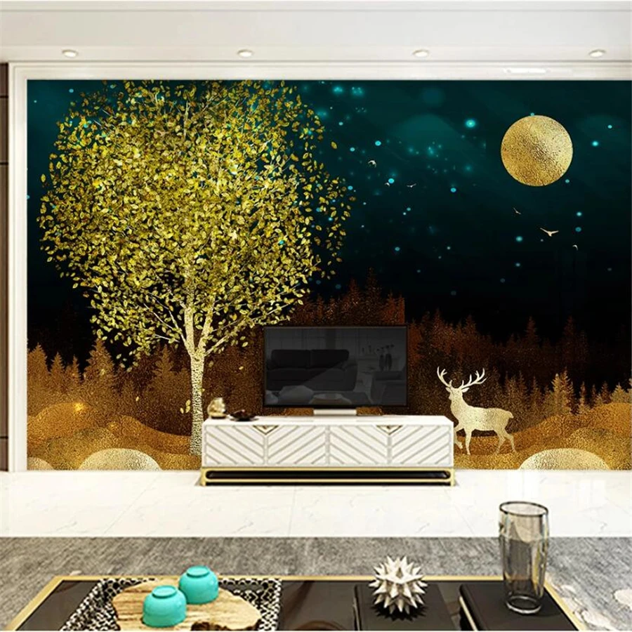 

Custom wallpaper 3d mural new Chinese abstract golden fortune tree elk landscape background wall decorative painting wallpaper