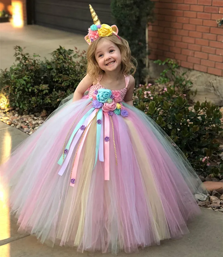 Girls Pastel Unicorn Flower Tutu Dress Kids Fluffy Crochet Long Tulle Dress Ball Gown with Hairbow Children Wedding Party Dress
