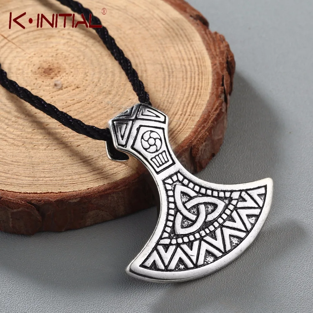 Kinitial Thor Hammer Axe Jewelry Valknut Odin \'s Symbol of Norse Necklaces Slavic Viking Warriors Men Axe Pendant Necklace