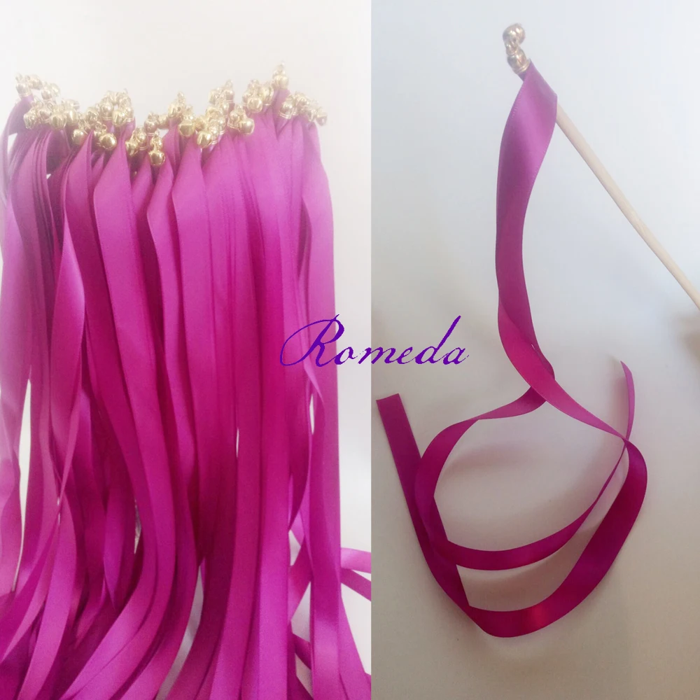 50pcs/lot  fuschia wedding ribbon wands wedding stick with gold bell ribbon twirling streamers