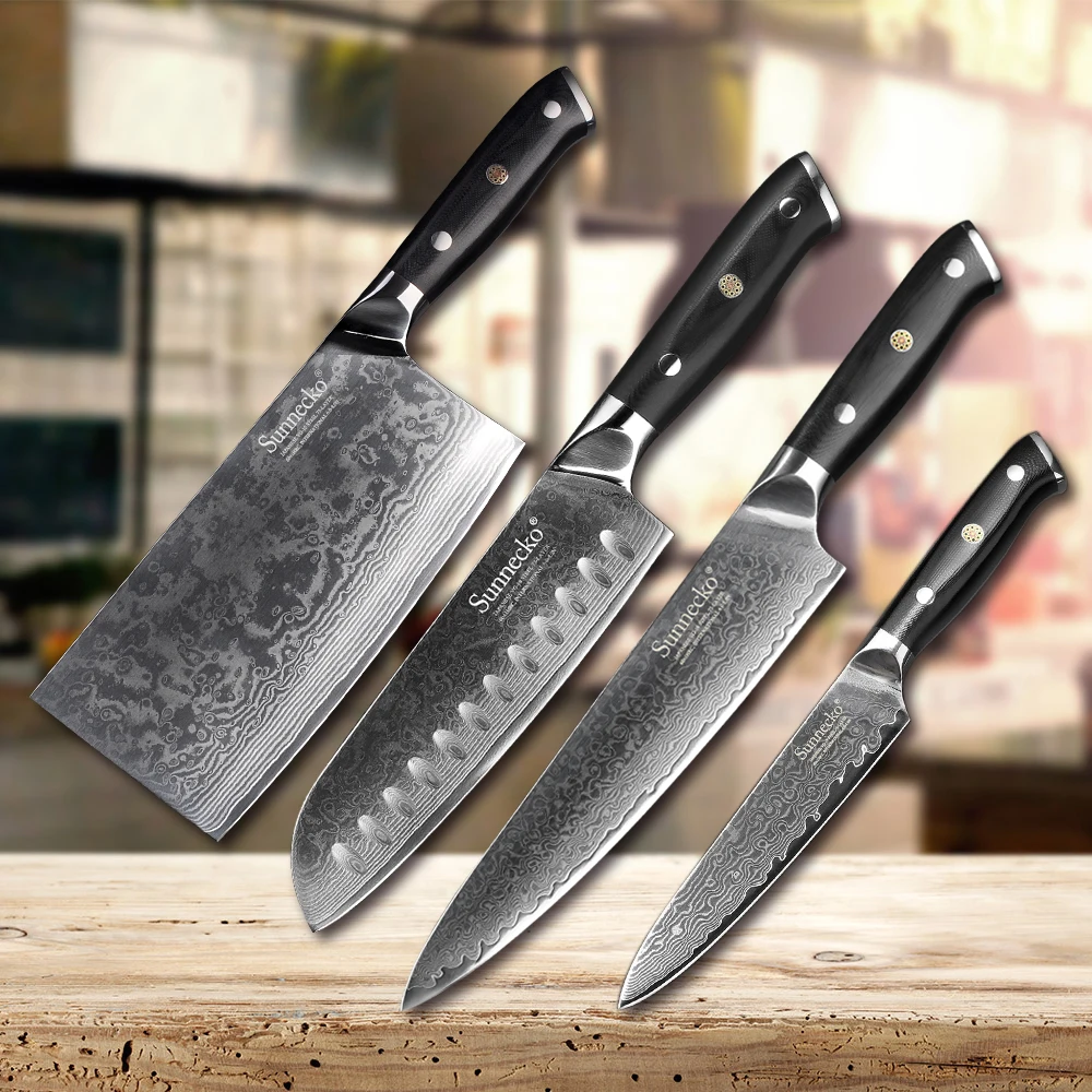 SUNNECKO Damascus Steel Kitchen Chef Knife Set 1-4PCS Chopping Cleaver 7\'\' Santoku 5\'\' Utility Knife Gift Box Cooking Tools