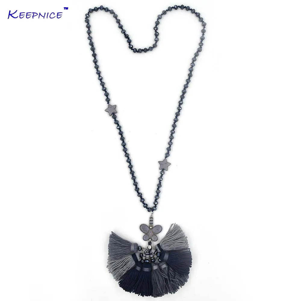 

New Ethnic butterfly pendants necklace multicolor Cotton Tassel Necklace Boho Crystal beadschain long Necklace