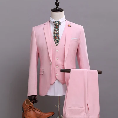 Traje de novio Formal de 3 piezas, traje rosa de personalidad, delgado, con botonadura única, 1202