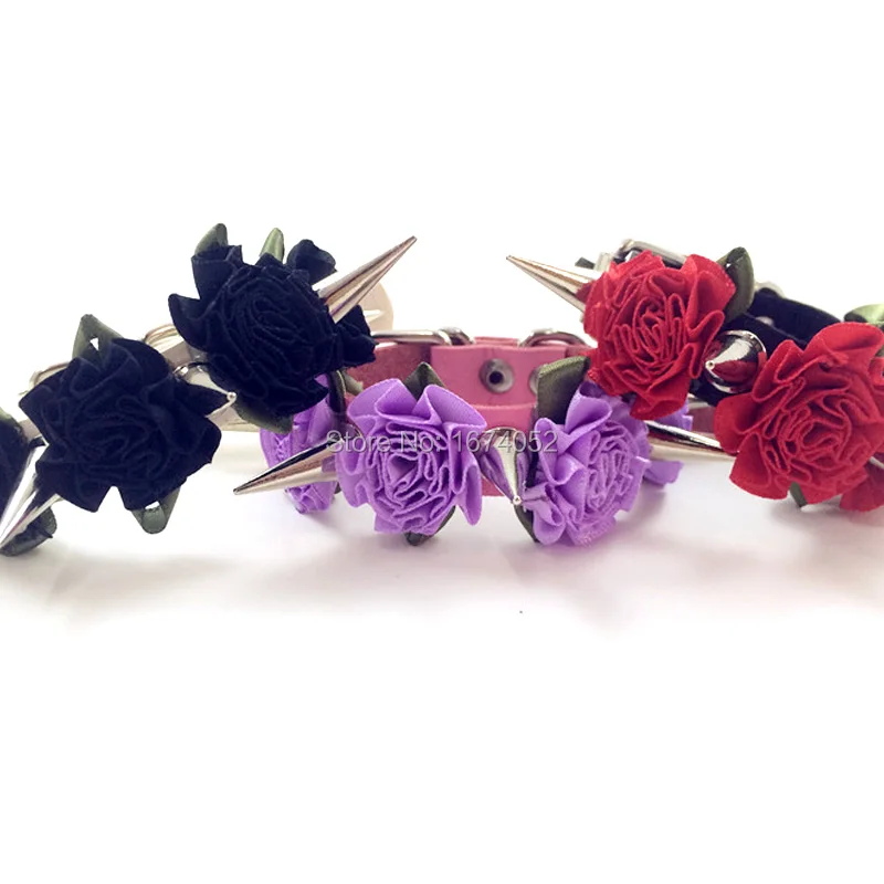 Cute Lolita Harajuku Handcrafted Rose Flower Long Spikes Leather Bangle Bracelet Wristlet Handcuff Hand Cuff