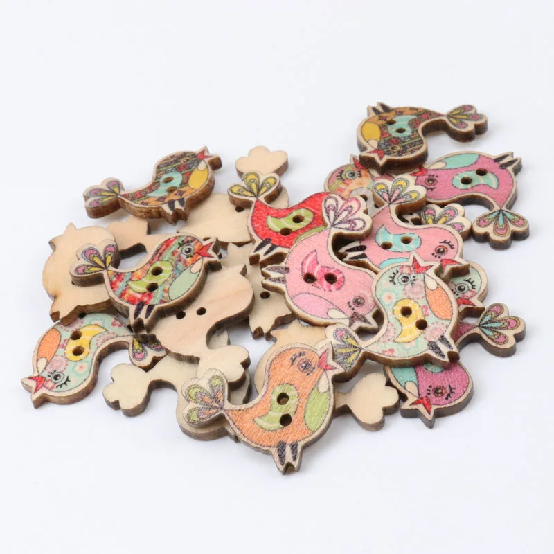 20pcs mixed Colorful Bird Pattern diy Wooden Buttons Botones Handmade Accessories Decoration Scrapbooking Crafts 25x19mm MZ44