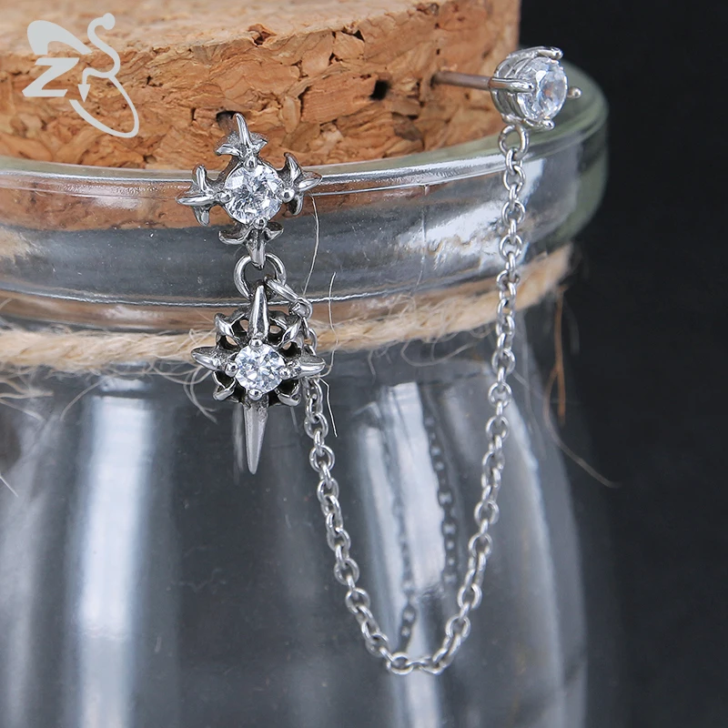 ZS Double Cross Punk Chain Tassel Stud Earrings for Men Gothic Rock Ear Piercing Jewelry Male Biker CZ Zirconia Earrings Jewelry
