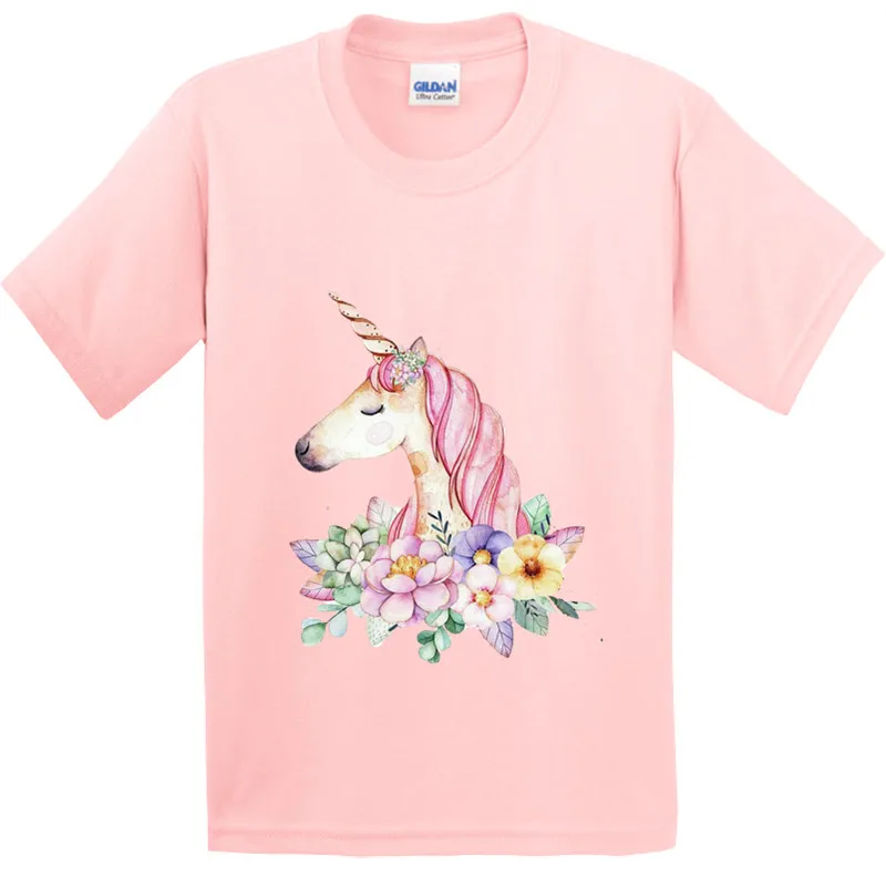 

100% Cotton,Children Flower Unicorn Design T-shirt Kids Cute Pink Horse Tops T shirt Boys/Girls Casual Clothes,GKT207