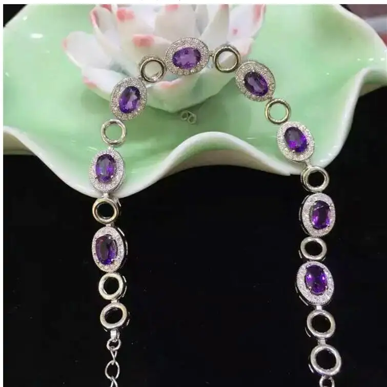 

Chain bracelet Natural real amethyst 925 sterling silver Fine jewelry Purple gems 4*6mm 8pcs