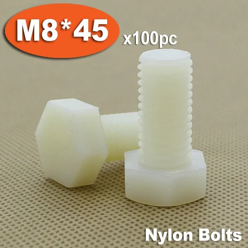 

100pcs DIN933 M8 x 45 Fully Threaded White Plastic Nylon Bolts Hexagon Hex Head Bolt Set Screw Setscrews