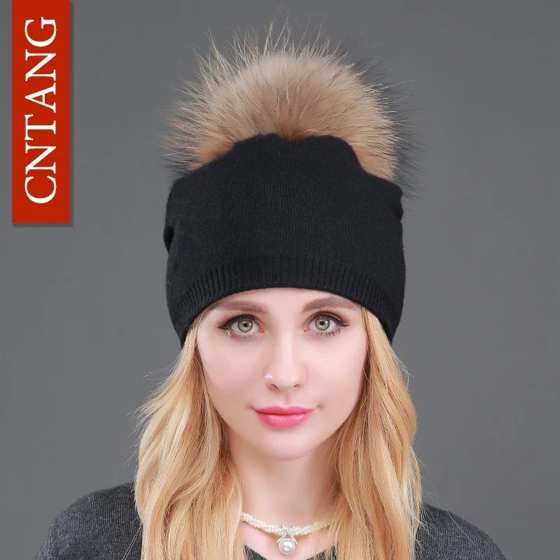 Autumn Winter Knitted Wool Hats For Women Fashion Pompon Beanies Fur Hat Female Warm Caps With Natural Genuine Raccoon Fur Cap