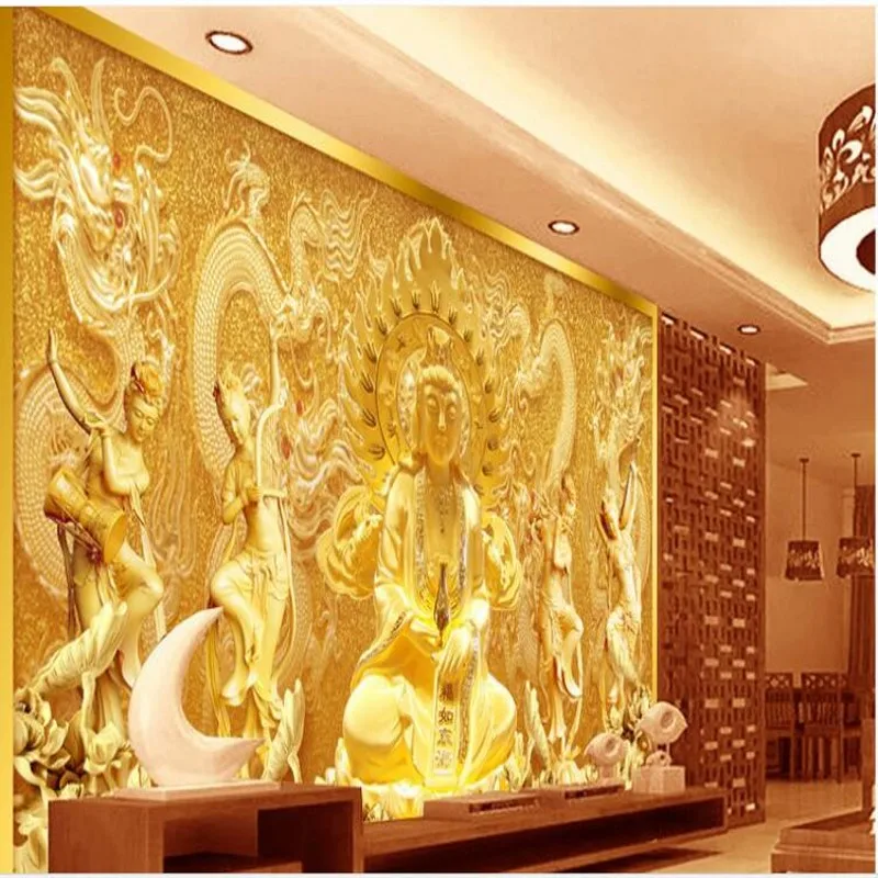 

wellyu Custom large - scale murals Guanyin Bodhisattva gold relief TV backdrop wallpaper papel de parede para quarto