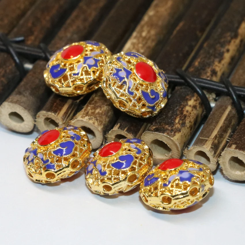 

15mm top quality elegant round cloisonne accessoried spacers beads 5pcs gold-color enamel carved flower diy jewelry B2388