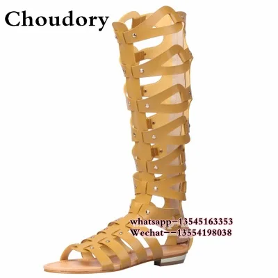 Luxury Brand Designer Knee High Gladiator Sandals Boots Cutouts Back zipper Wedges Gladiator Sandals Women Summer Flat Shoes