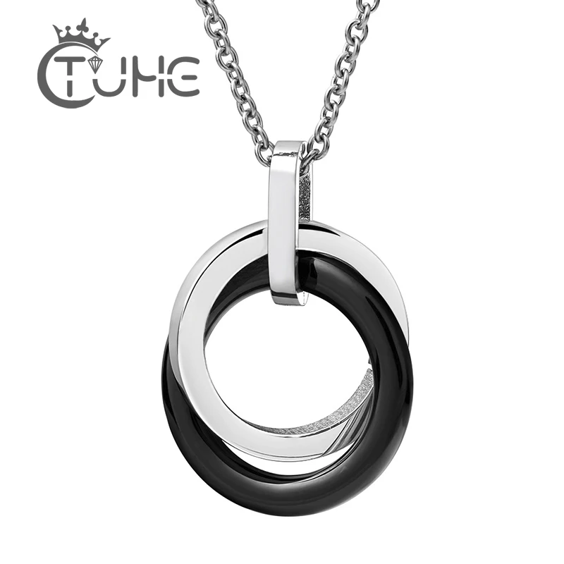 Black White Double Circle Ceramic Necklace Pendant With Stainless Steel Classic Simple Style Pendant Jewelry For Female