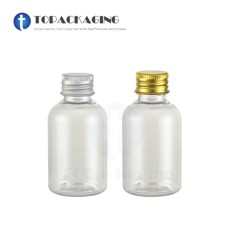 

40PCS*50ML Screw Cap Bottle Aluminum Lid Clear Plastic Cosmetic Container Empty Shower Gel Shampoo Lotion Essence Oil Refillable