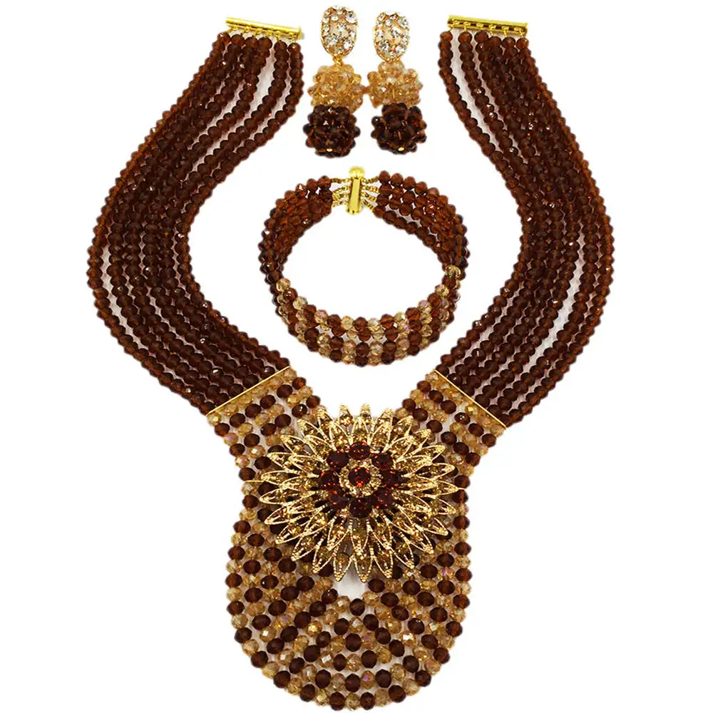 

Fashion Brown Champagne Gold AB Crystal Beads Necklace African Jewelry Set Nigerian Wedding Party Jewelry Sets 6WDK06