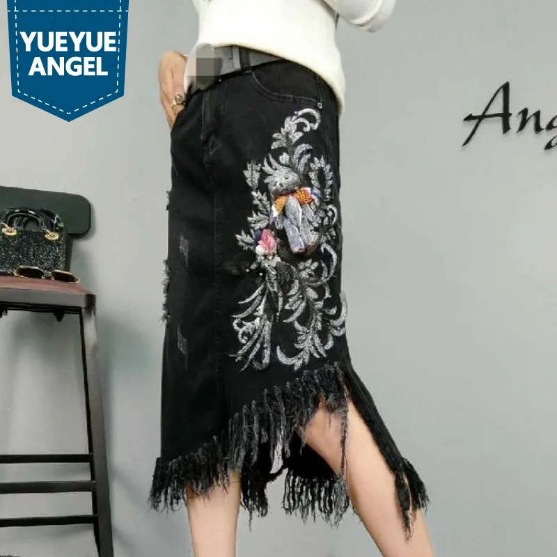 

Women Spring Long Denim Skirt Fashion Embroidery Floral Tassel Slim Ripped Wrap Skirt Street Style Retro Black Jeans Skirts