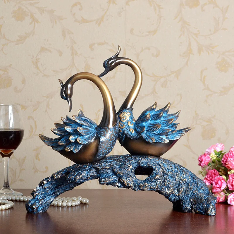 Europe Style Retro home decoration resin crafts Swan Sculptures Wedding Gift Couples Love fake bronze statues drawing room decor