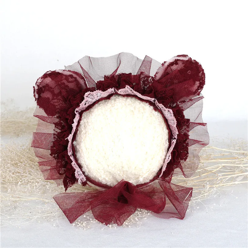 Burgundy Christmas Santa hat photography props Newborn Teddy bear hat Cute Baby girl lace bonnet Shower gift