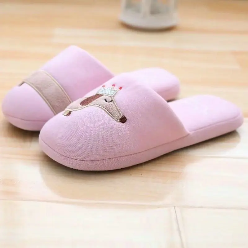 Drop Shipping Women\'s Fuzzy Pink And Light Blue Dog Plush Cotton Slippers Slip On Dachshund Female Slippers