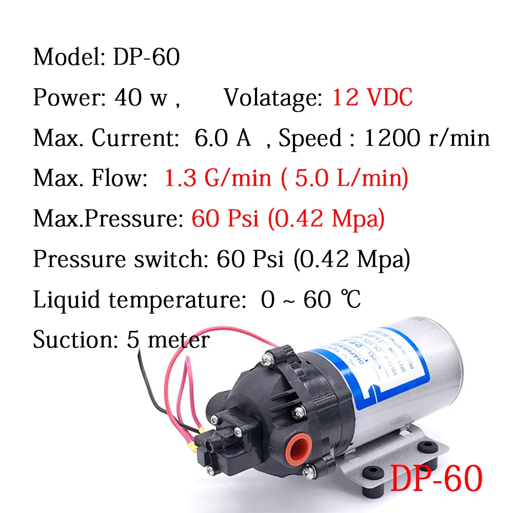 Mini High Pressure Water Pump DP-60 24V DC 40W 5L/min 4.2 Bar Automatic Switch Diaphragm Pumps Self Suction Pump Car Washing