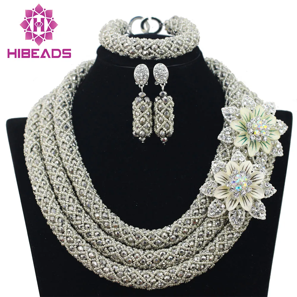 

Big Full Handmade Braid Beads African Jewlery Set Silver Nigerian Beads Necklace Bridal Lace Jewelry Sets Free Shipping ABF359