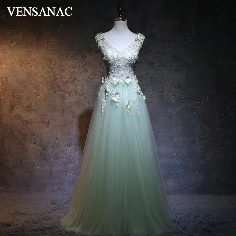 

VENSANAC A Line Crystals Sequined Long Evening Dresses V Neck 2018 Elegant Butterfly Lace Appliques Party Prom Gowns
