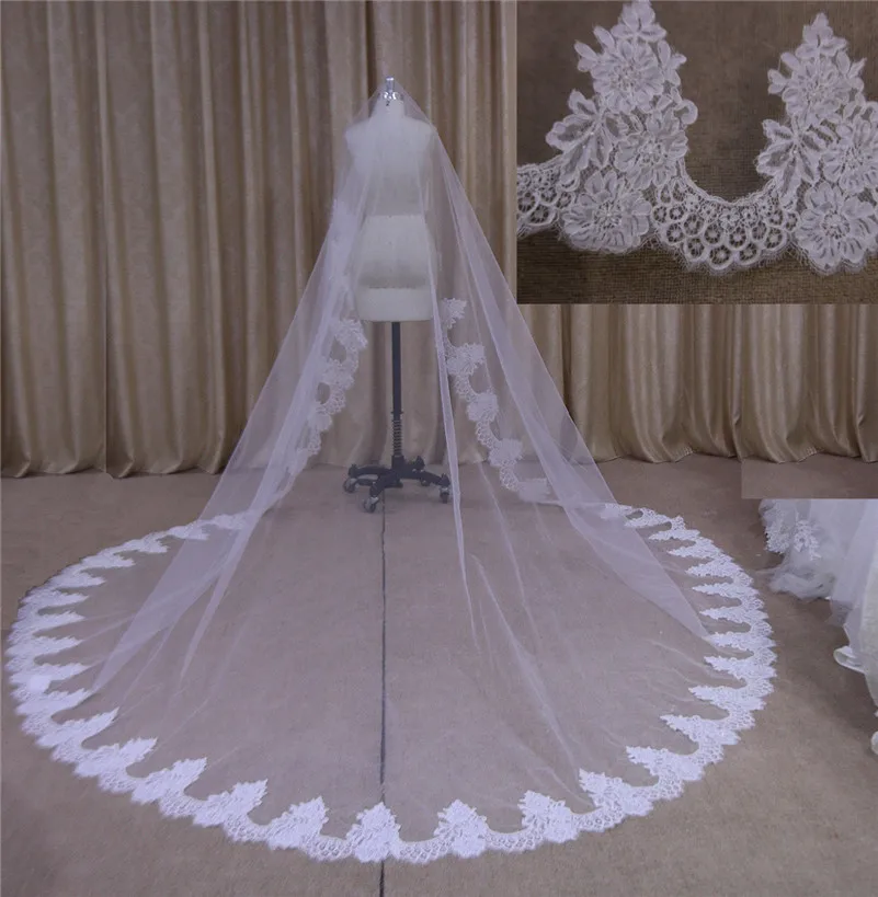 Wedding Accessories Tulle Cathedral Wedding Veil Lace Edge Bridal Veil With Comb Veu De Noiva V026