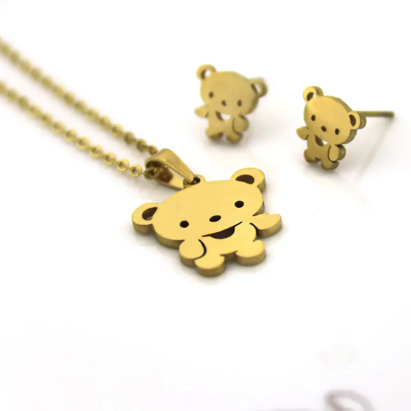 1 مجموعة مجوهرات من صلب لا يصدأ مجموعة ليتل تيدي بير قلادة أقراط المصوغات مجموعات النساء الاطفال مهرجان هدايا #4