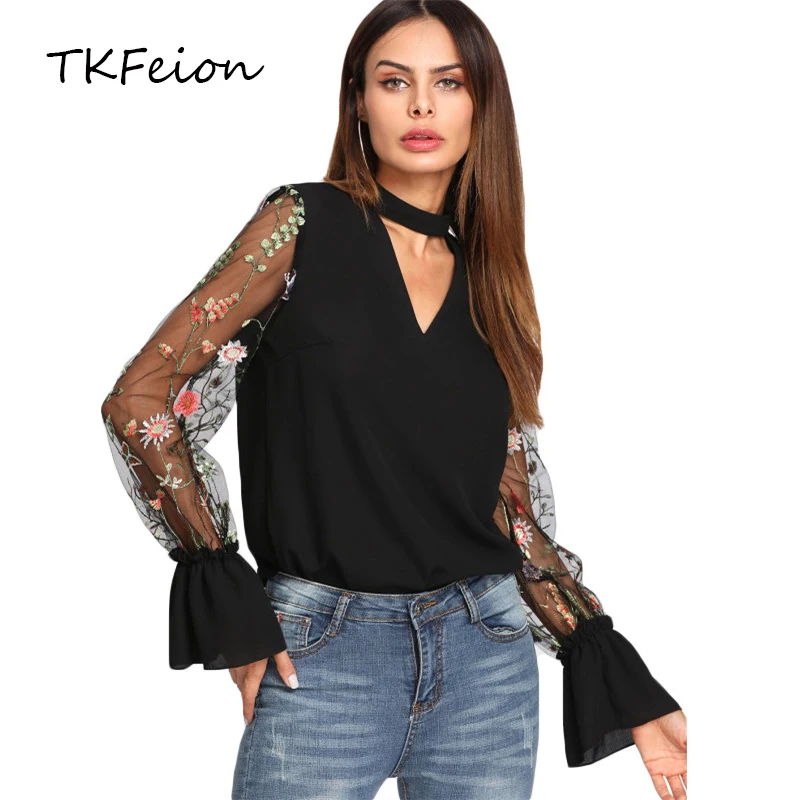 Ladies Sexy Floral Blouses 2018 Summer Womens Fashion Tops Embroidered Mesh Flare Long Sleeve V Neck Black Female Elegant Shirts