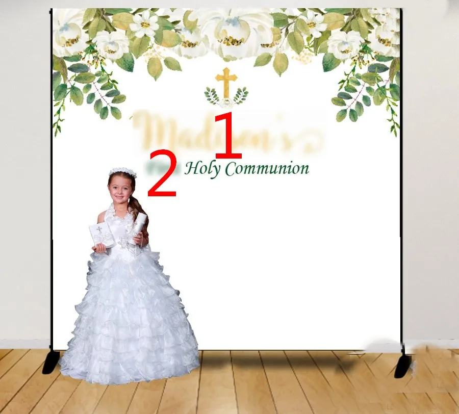 Custom First Communion Greenery And White Floral  Baptism background Computer print party photo backdrop