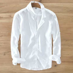 Camisa de linho masculina de manga comprida, 5 cores sólidas, top casual, estilo Itália, 100% linho, branco, novo designer