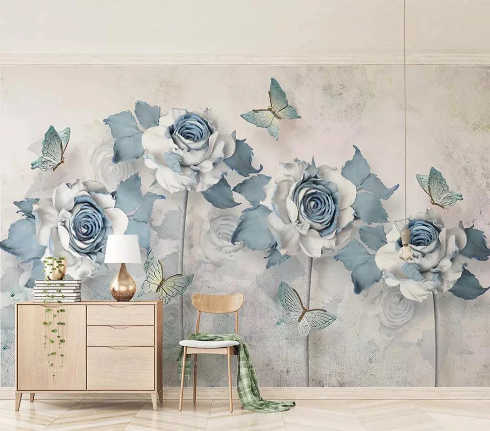 

Decorative wallpaper 3D Light Blue Flowers Butterfly TV Background Wall