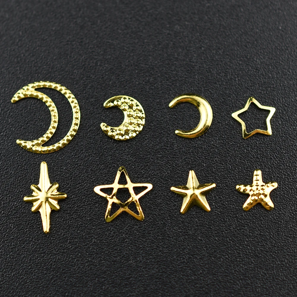 1000Pcs Gold Star Moon Glitter Charms Metal Tips Slice Rivet DIY 3D FlatBack Nail Art Decorations Nails Jewelry Accessories