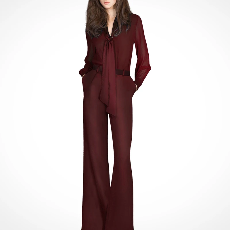 2018 Autumn women's pants set long sleeve bow Blouse Office Lady Bow shirts and wide leg pants suits