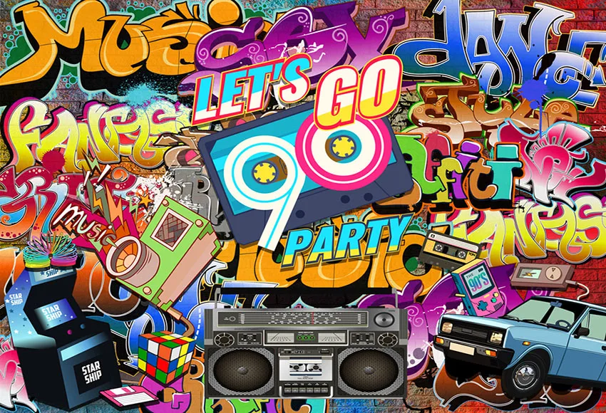 Let's Go 90s Backdrop Back To Hip Pop Photography Background Radio Graffiti Music 80th Themed Party Decoration for Photobooth