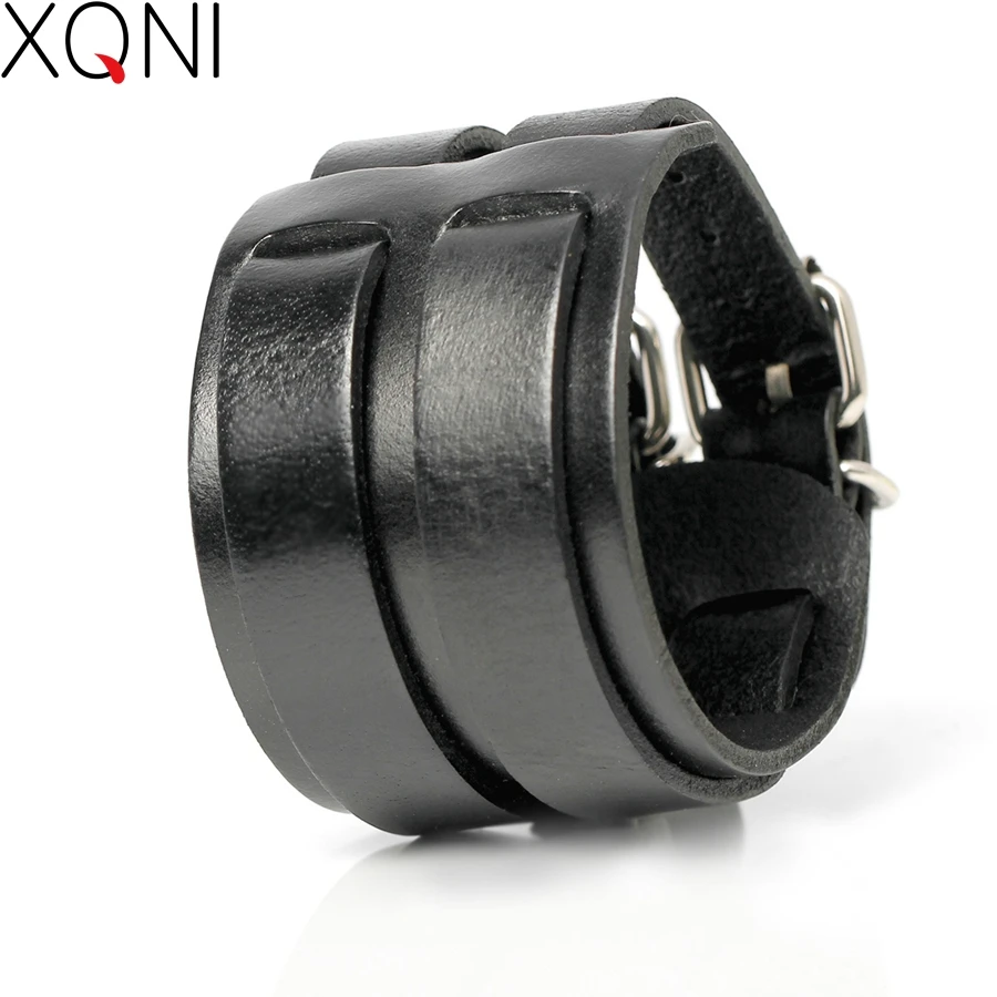 XQNI New Arrival Fashion Genuine Leather Men\'s Bracelets High Quality Knight Courage Bandage Wrap Charm Black Leather Bracelets.