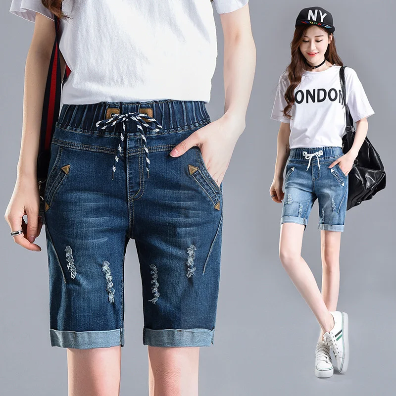 OHRYIYIE Large Size 6XL High Waist Denim Shorts Women 2023 New Summer Elastic Waist Jeans Shorts Femme Loose Hole Curling Shorts