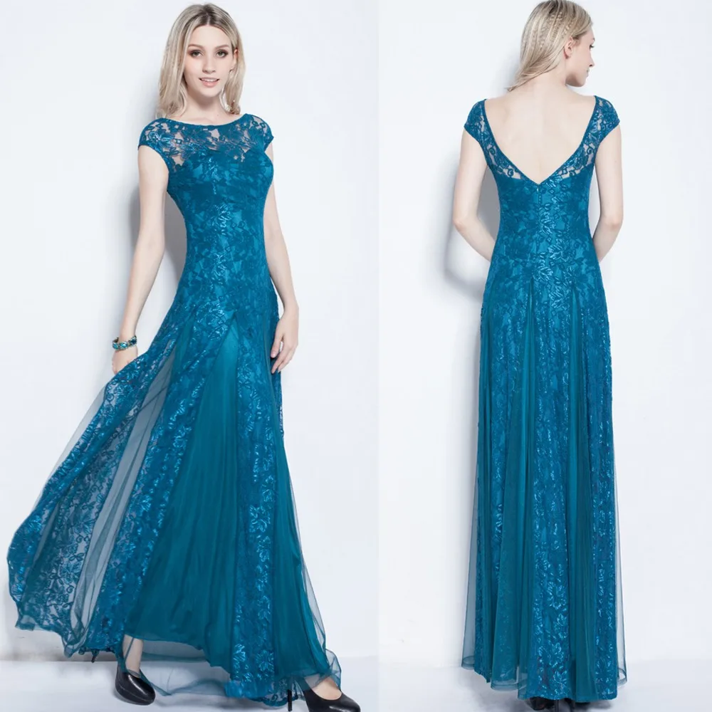 New 2018 Boat Neck Floor-Length Lace Cap Sleeve A-line Long formal Evening gown ball Prom Party dresses Teal us size 4 6 8 10 12